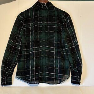 Ann Taylor Plaid Blouse Dressy Mockneck Top Green and Yellow Plaid Small Petite
